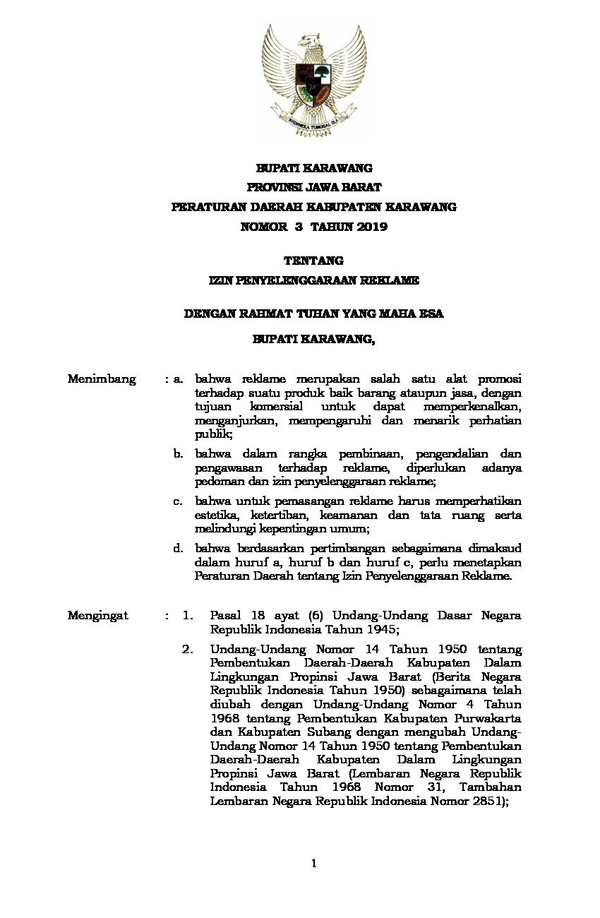 Peraturan Daerah Kab. Karawang No 3 tahun 2019 tentang izin Penyelenggaraan Reklame