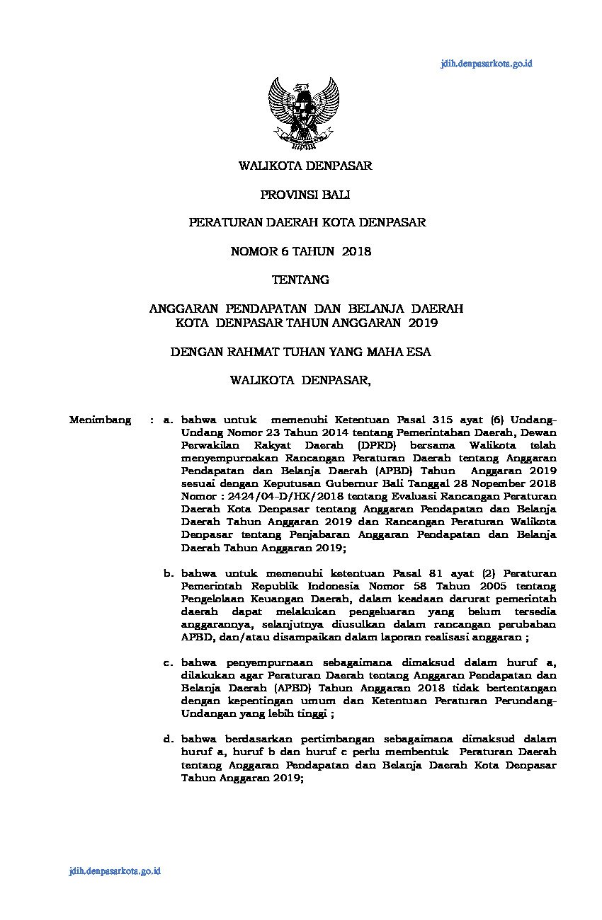 Peraturan Daerah Kota Denpasar No 6 tahun 2018 tentang Anggaran Pendapatan dan Belanja Daerah Kota Denpasar Tahun Anggaran 2019