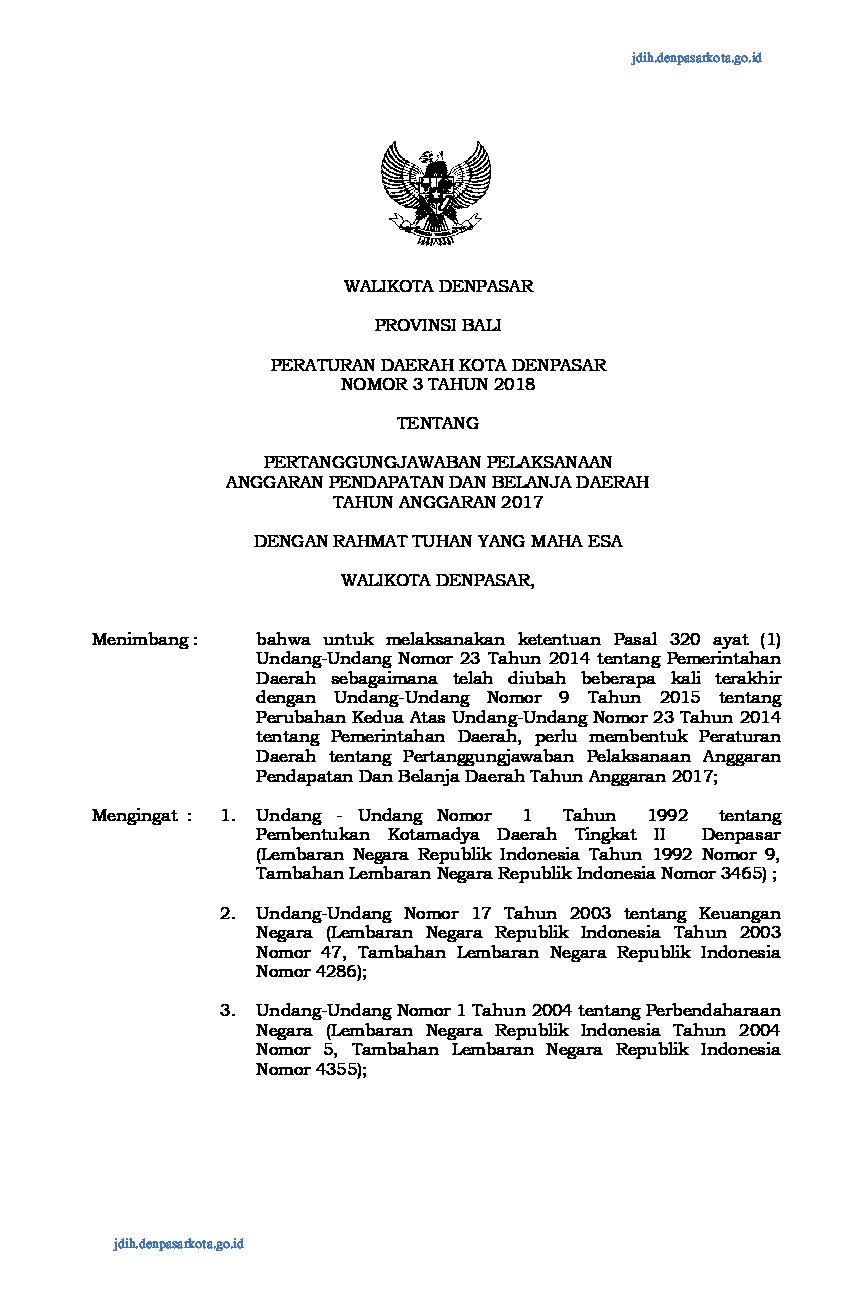 Peraturan Daerah Kota Denpasar No 3 tahun 2018 tentang Pertanggungjawaban Pelaksanaan Anggaran Pendapatan dan Belanja Daerah Tahun Anggaran 2017