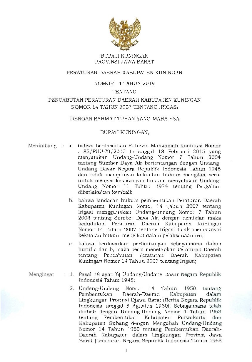 Peraturan Daerah Kab Kuningan No 4 Tahun 2019 Tentang Pencabutan Peraturan Daerah Kabupaten 8149