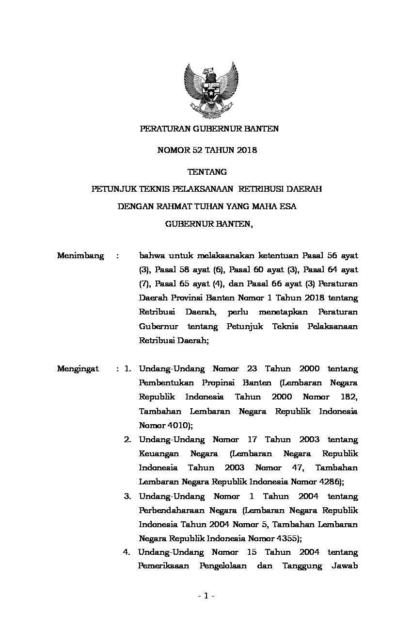 Peraturan Gubernur Banten No 52 tahun 2018 tentang Petunjuk Teknis Pelaksanaan Retribusi Daerah