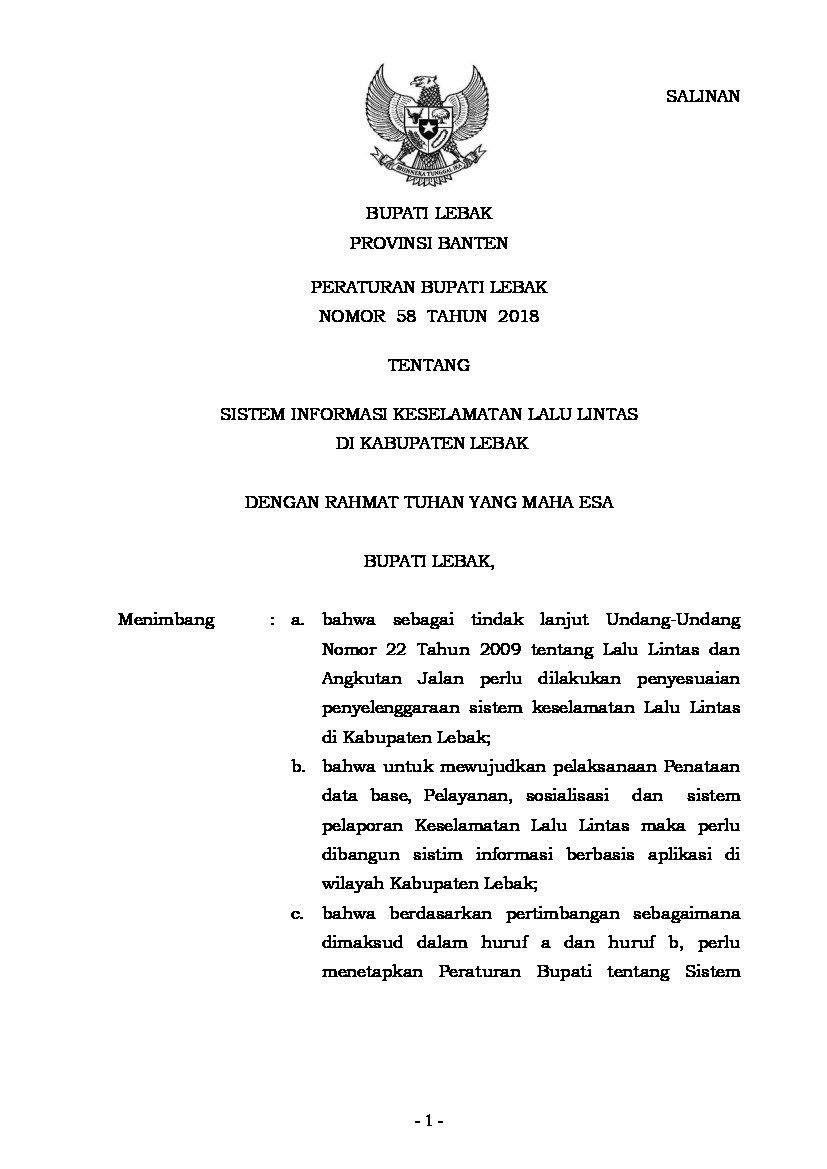 Peraturan Bupati Lebak No 58 tahun 2018 tentang Sistem Informasi Keselamatan Lalu Lintas Di Kabupaten Lebak