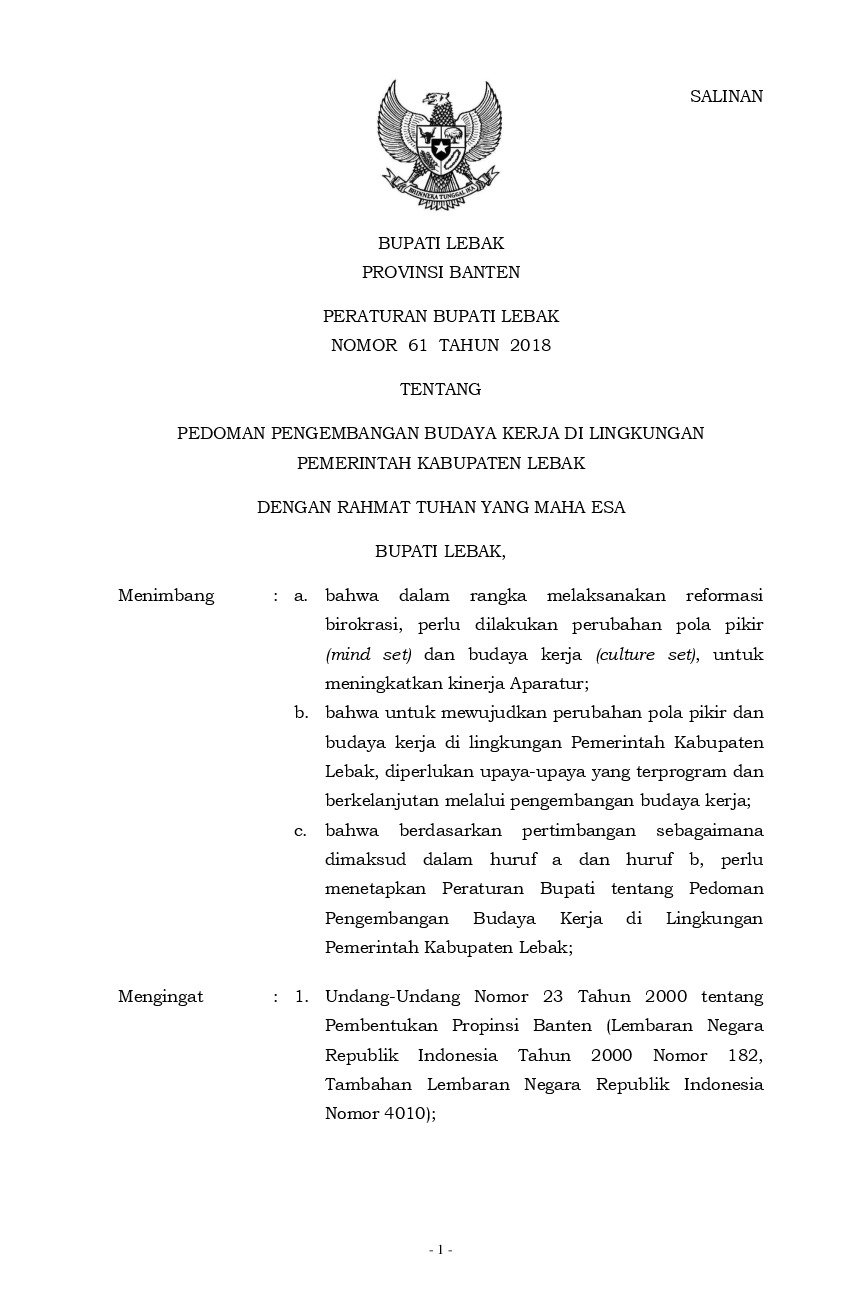 Peraturan Bupati Lebak No 61 tahun 2018 tentang Pedoman Pengembangan Budaya Kerja Di Lingkungan Pemerintah Kabupaten Lebak