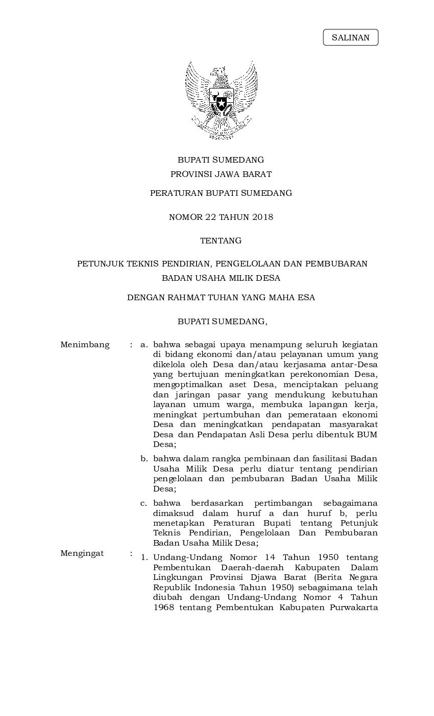 Peraturan Bupati Sumedang No 22 tahun 2018 tentang Petunjuk Teknis Pendirian, Pengelolaan dan Pembubaran Badan Usaha Milik Desa