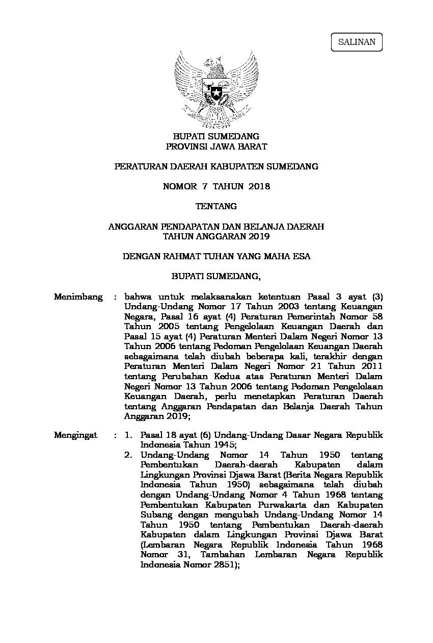 Peraturan Daerah Kabupaten Sumedang No 7 tahun 2018 tentang Anggaran Pendapatan dan Belanja Daerah Tahun Anggaran 2019