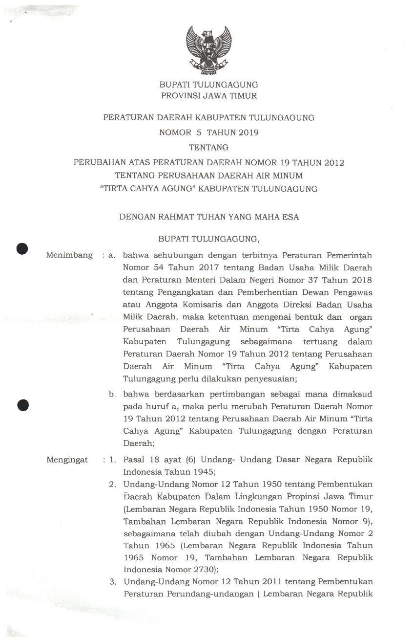 Peraturan Daerah Kab. Tulungagung No 5 tahun 2019 tentang Perubahan atas Peraturan Daerah Nomor 19 Tahun 2012 tentang Perusahaan Daerah Air Minum 