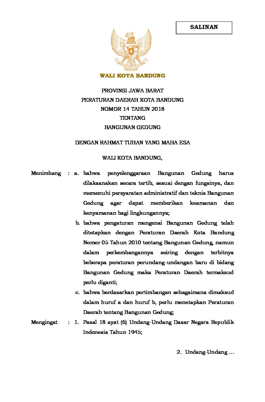 Peraturan Daerah Kota Bandung No 14 tahun 2018 tentang Bangunan Gedung