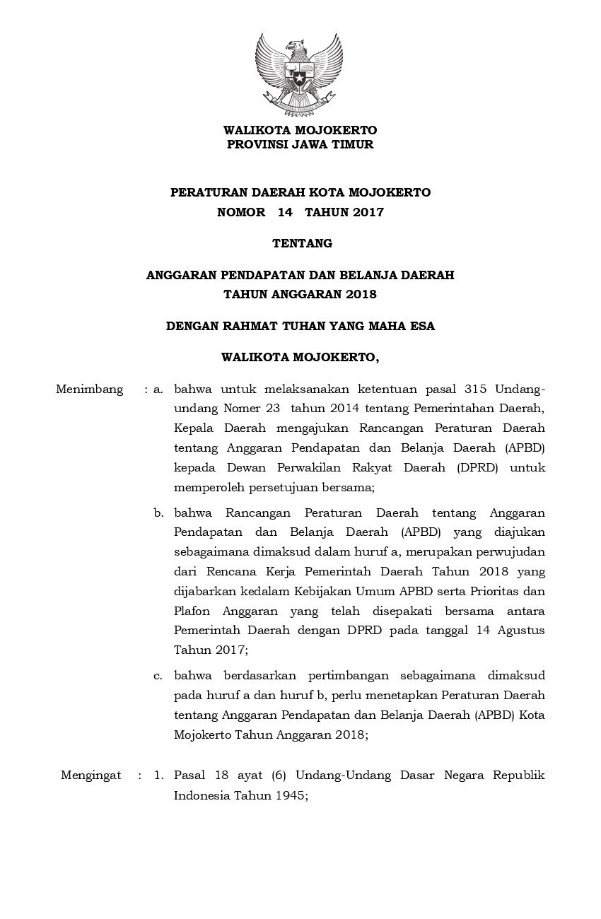 Peraturan Daerah Kota Mojokerto No 14 tahun 2017 tentang Anggaran Pendapatan dan Belanja Daerah Tahun Anggaran 2018