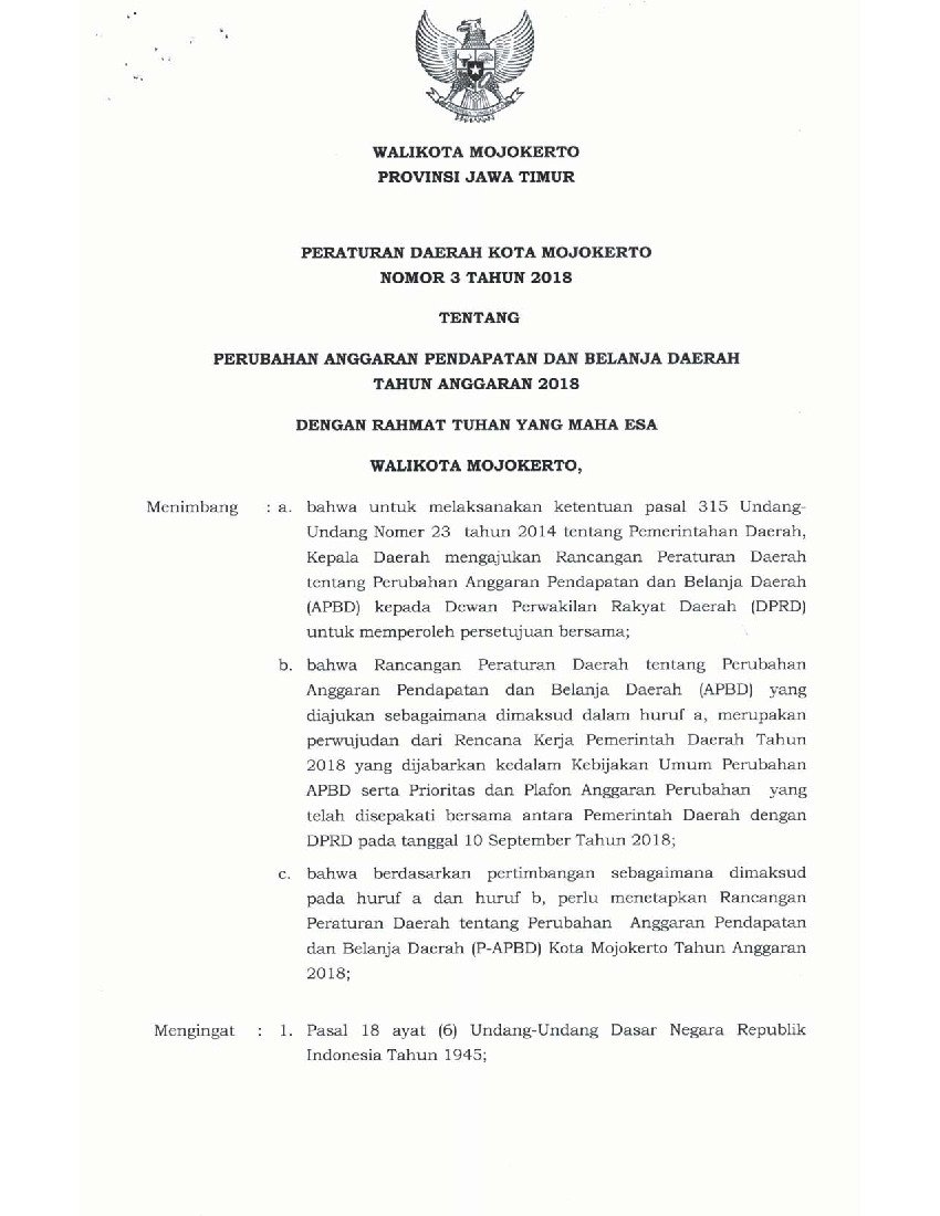 Peraturan Daerah Kota Mojokerto No 3 tahun 2018 tentang Perubahan Anggaran Pendapatan dan Belanja Daerah Tahun Anggaran 2018