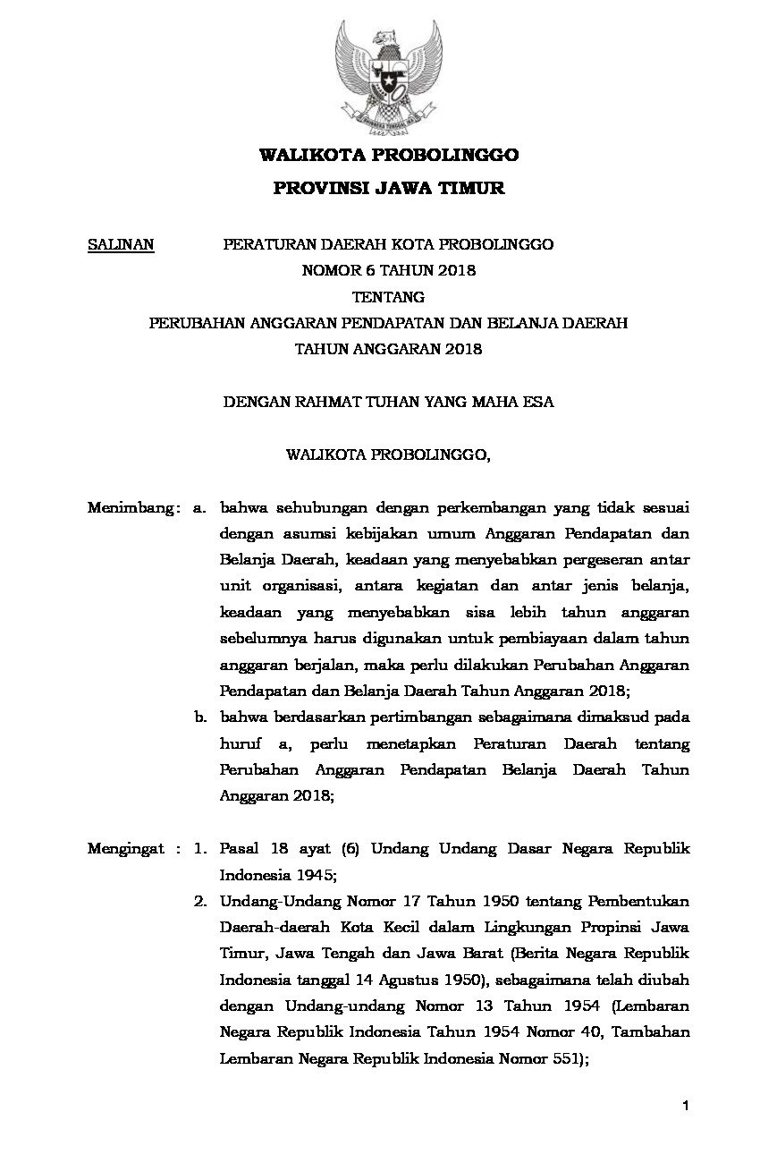 Peraturan Daerah Kota Probolinggo No 6 tahun 2018 tentang Perubahan Anggaran Pendapatan dan Belanja Daerah Tahun Anggaran 2018