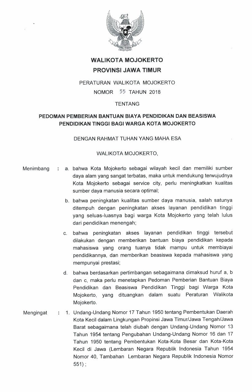 Peraturan Walikota Mojokerto No 55 tahun 2018 tentang Pedoman Pemberian Bantuan Biaya Pendidikan dan Beasiswa Pendidikan Tinggi bagi Warga Kota Mojokerto