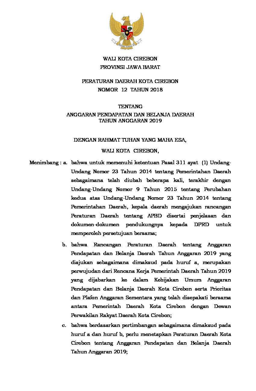 Peraturan Daerah Kota Cirebon No 12 tahun 2018 tentang Anggaran Pendapatan dan Belanja Daerah Tahun Anggaran 2019