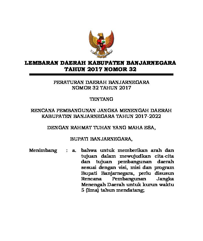 Peraturan Daerah Kab. Banjarnegara No 32 tahun 2017 tentang Rencana Pembangunan Jangka Menengah Daerah Kabupaten Banjarnegara Tahun 2017-2022