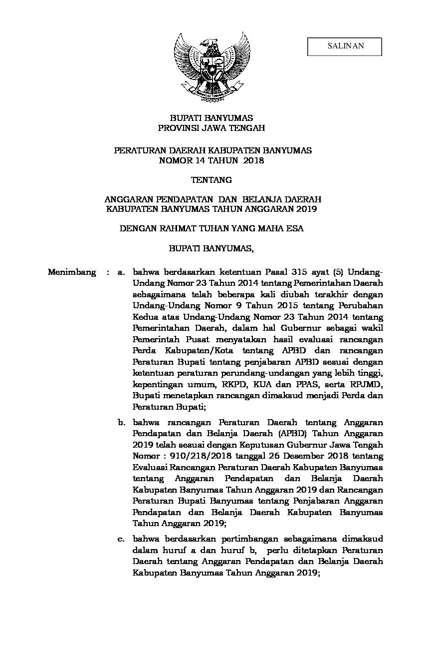 Peraturan Daerah Kabupaten Banyumas No 14 tahun 2018 tentang Anggaran Pendapatan dan Belanja Daerah Kabupaten Banyumas Tahun Anggaran 2019