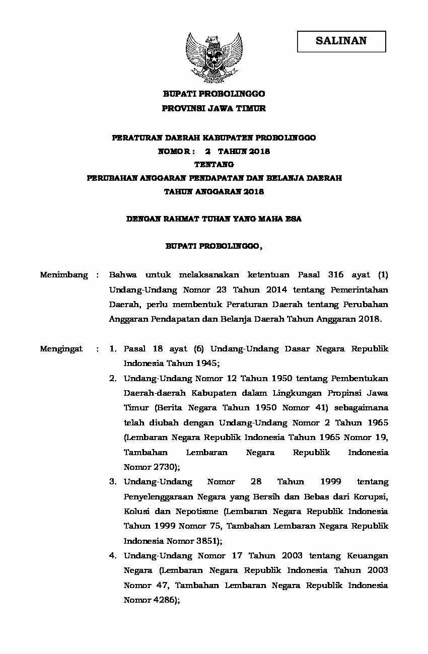 Peraturan Daerah Kab. Probolinggo No 2 tahun 2018 tentang Perubahan Anggaran Pendapatan dan Belanja Daerah Tahun Anggaran 2018