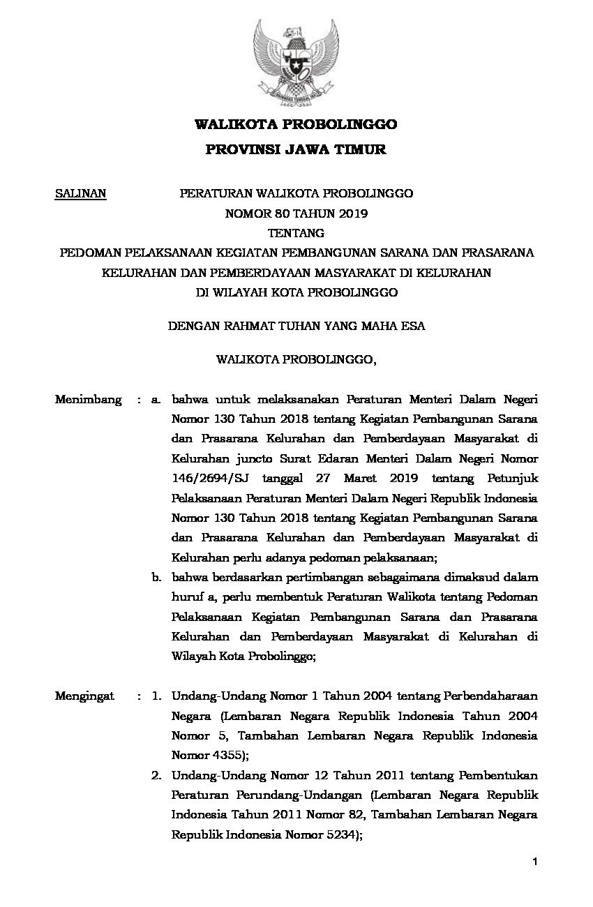 Peraturan Walikota Probolinggo No 80 tahun 2019 tentang Pedoman Pelaksanaan Kegiatan Pembangunan Sarana dan Prasarana Kelurahan dan Pemberdayaan Masyarakat di Kelurahan di Wilayah Kota Probolinggo