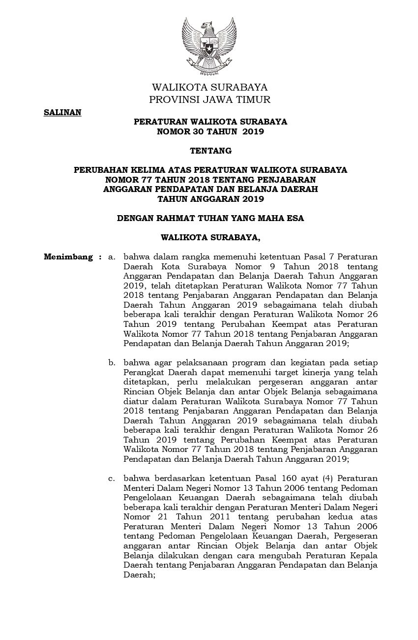 Peraturan Walikota Surabaya No 30 tahun 2019 tentang Perubahan Kelima atas Peraturan Walikota Surabaya Nomor 77 Tahun 2018 tentang Penjabaran Anggaran Pendapatan dan Belanja Daerah Tahun Anggaran 2019