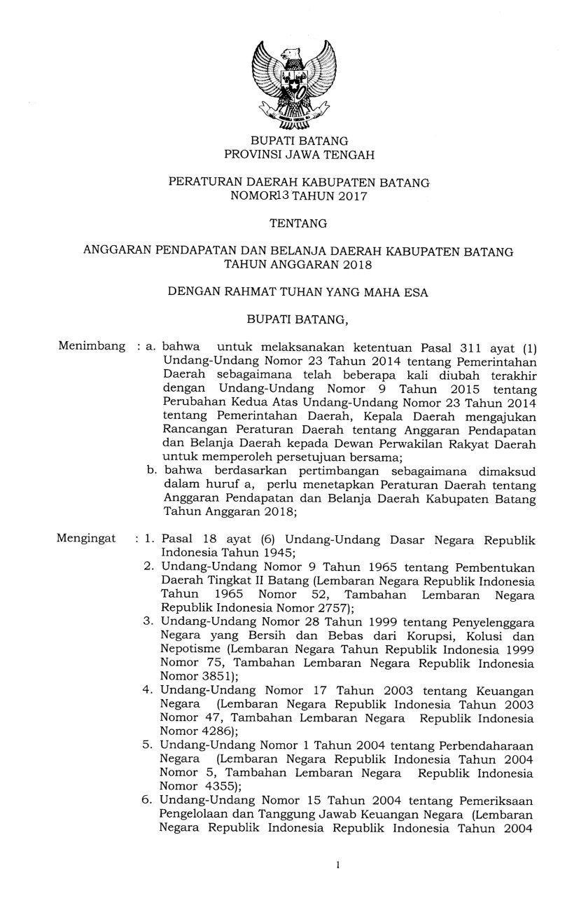 Peraturan Daerah Kab. Batang No 13 tahun 2017 tentang Anggaran Pendapatan dan Belanja Daerah Kabupaten Batang Tahun Anggaran 2018