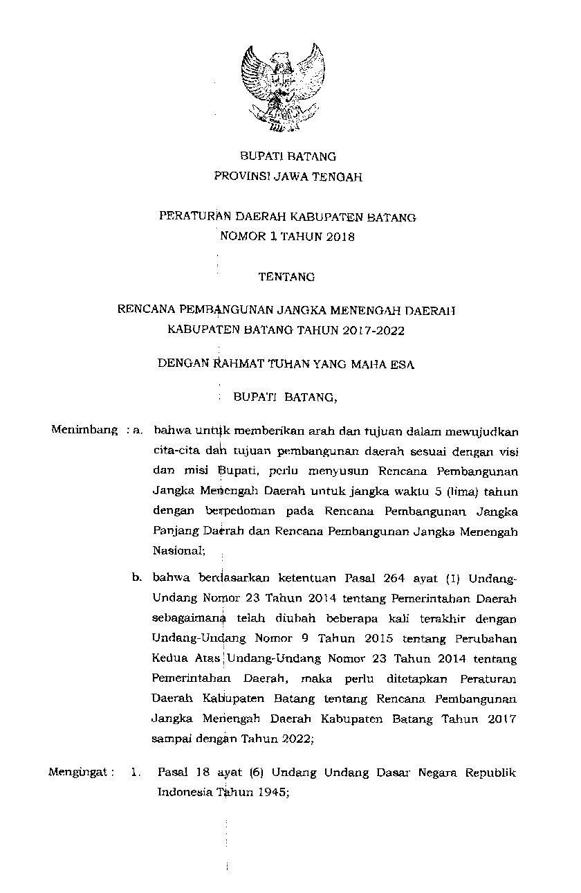 Peraturan Daerah Kabupaten Batang No 1 tahun 2018 tentang Rencana Pembangunan Jangka Menengah Daerah Kabupaten Batang Tahun 2017-2022