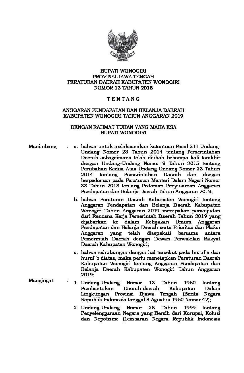 Peraturan Daerah Kab. Wonogiri No 13 tahun 2018 tentang Anggaran Pendapatan dan Belanja Daerah Kabupaten Wonogiri Tahun Anggaran 2019