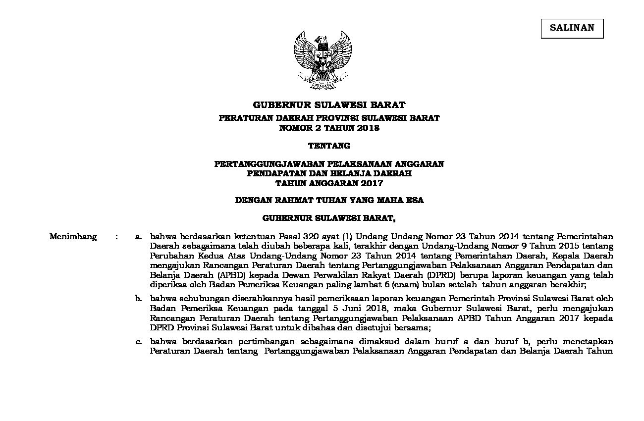 Peraturan Daerah Provinsi Sulawesi Barat No 2 tahun 2018 tentang Pertanggungjawaban Pelaksanaan Anggaran Pendapatan  dan Belanja Daerah Tahun Anggaran 2017