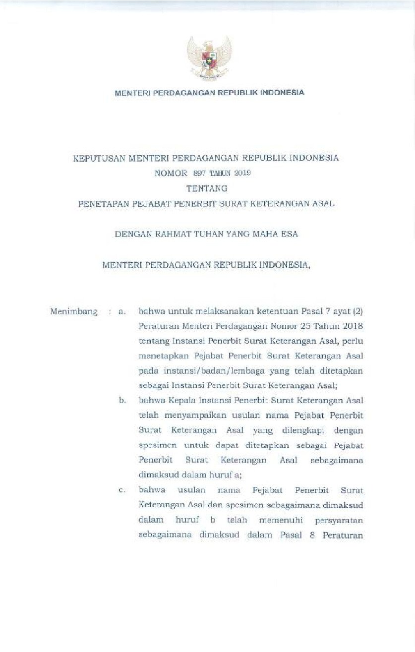 Keputusan Menteri Perindustrian dan Perdagangan No 897 tahun 2019 tentang Penetapan Pejabat Penerbit Surat Keterangan Asal