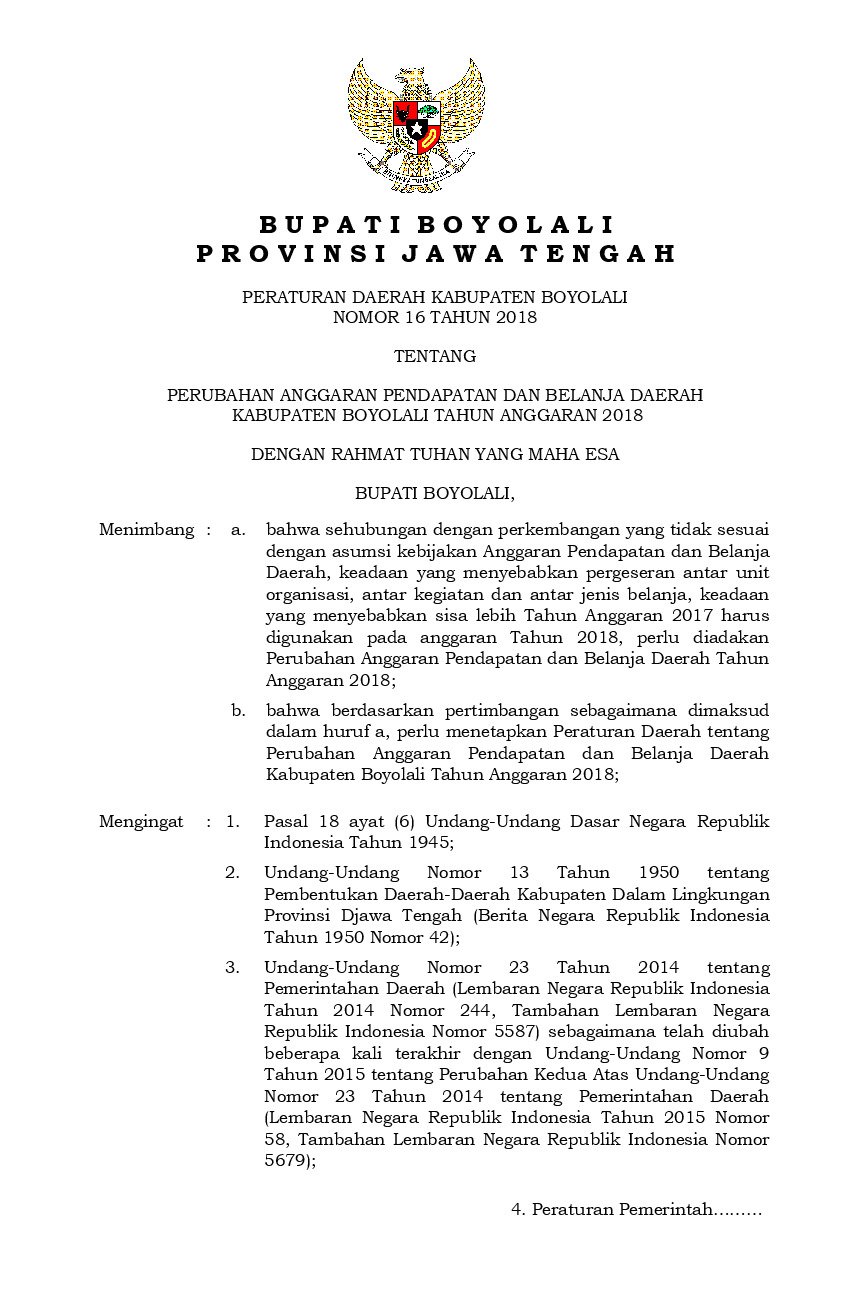 Peraturan Daerah Kabupaten Boyolali No 16 tahun 2018 tentang Perubahan Anggaran Pendapatan dan Belanja Daerah Kabupaten Boyolali Tahun Anggaran 2018