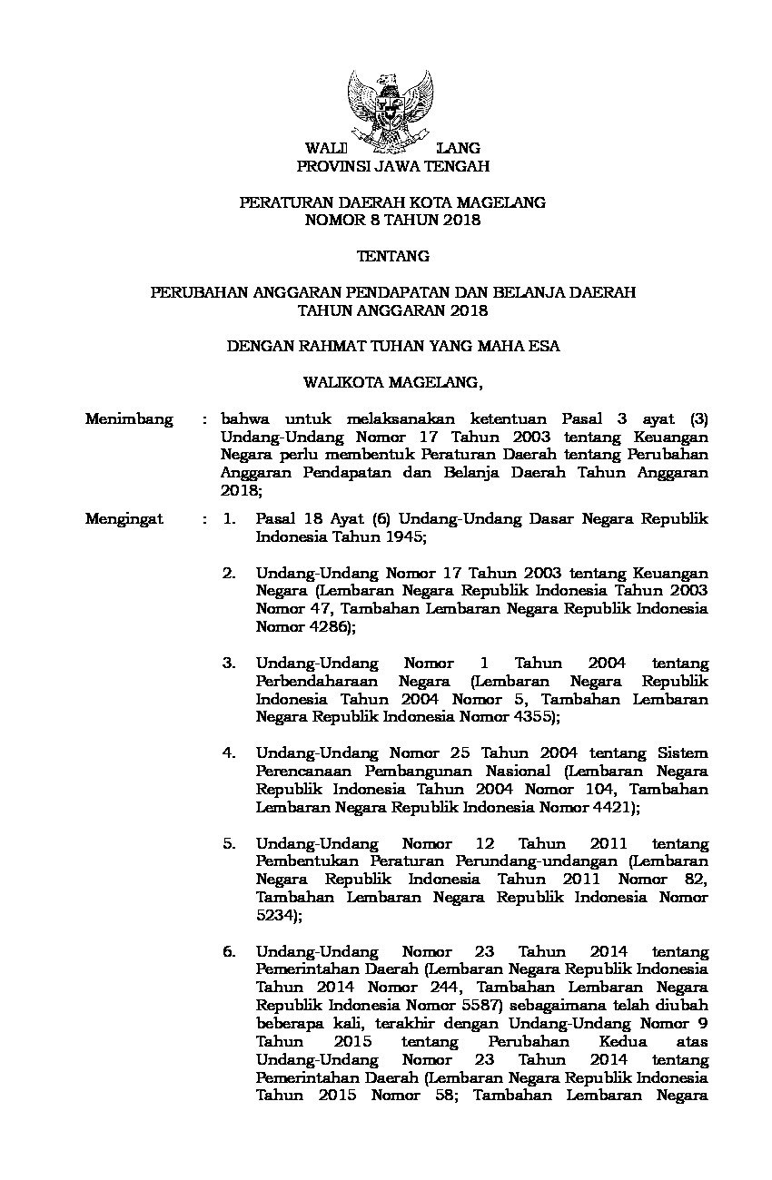 Peraturan Daerah Kota Magelang No 8 tahun 2018 tentang Perubahan Anggaran Pendapatan dan Belanja Daerah Tahun Anggaran 2018