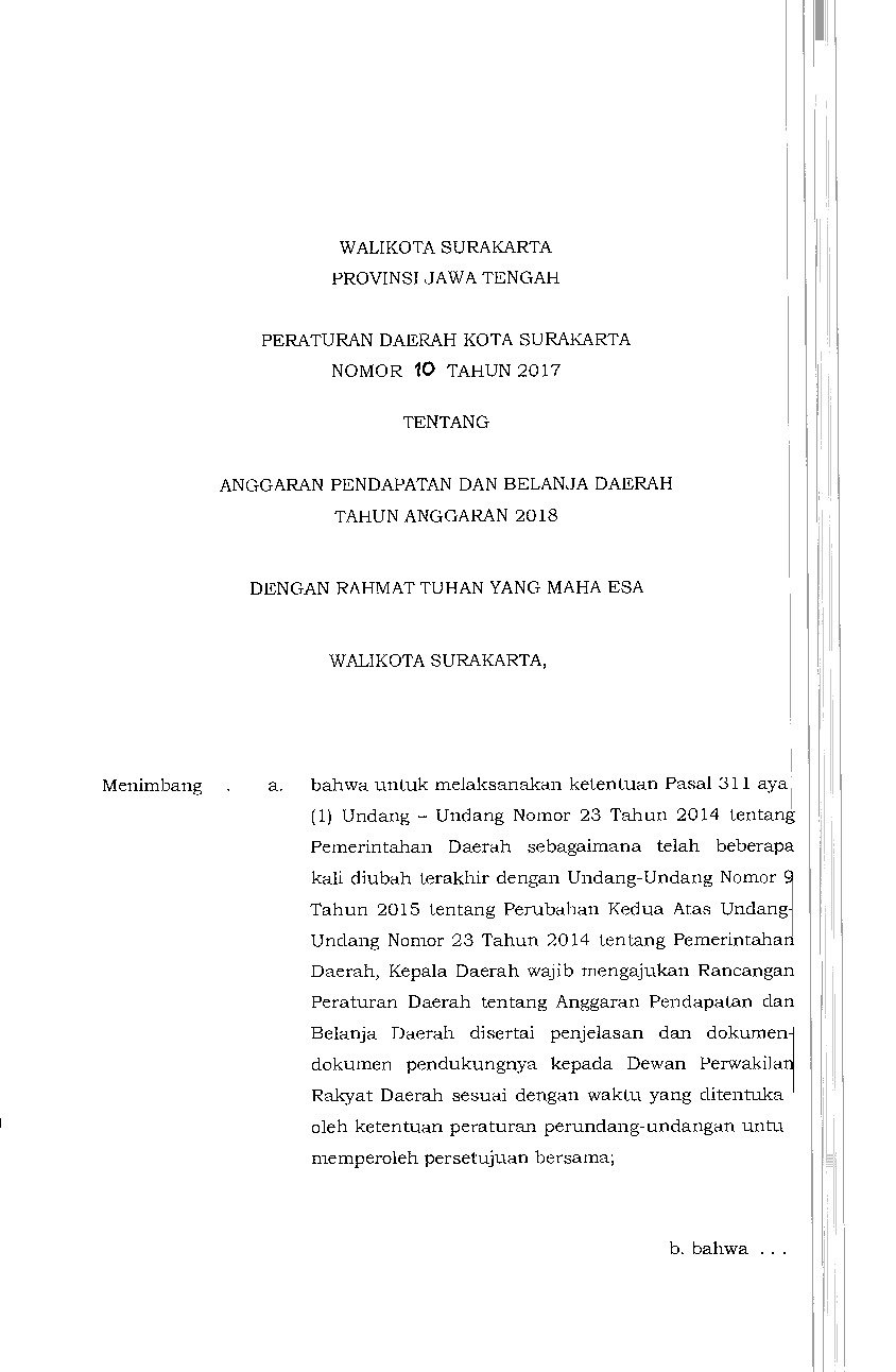 Peraturan Daerah Kota Surakarta No 10 tahun 2017 tentang Anggaran Pendapatan dan Belanja Daerah Tahun Anggaran 2018