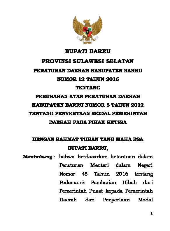 Peraturan Daerah Kab. Barru No 12 tahun 2016 tentang Perubahan atas Peraturan Daerah Kabupaten Barru Nomor 5 Tahun 2012 tentang Penyertaan Modal Pemerintah Daerah Pada Pihak Ketiga