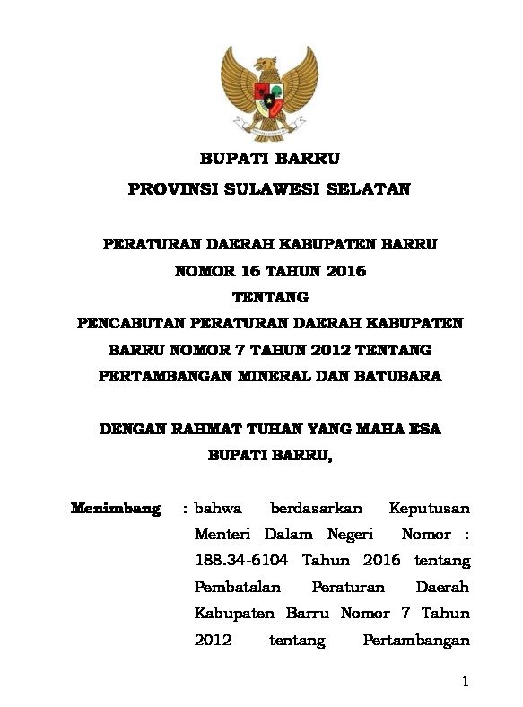 Peraturan Daerah Kab. Barru No 16 tahun 2016 tentang Pencabutan Peraturan Daerah Kabupaten Barru Nomor 7 Tahun 2012 tentang Pertambangan Mineral dan Batubara