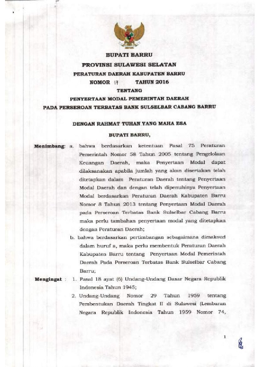 Peraturan Daerah Kabupaten Barru No 17 tahun 2016 tentang Penyertaan Modal Pemerintah Daerah Pada Perseroanterbatas Bank Sulselbar Cabang Barru