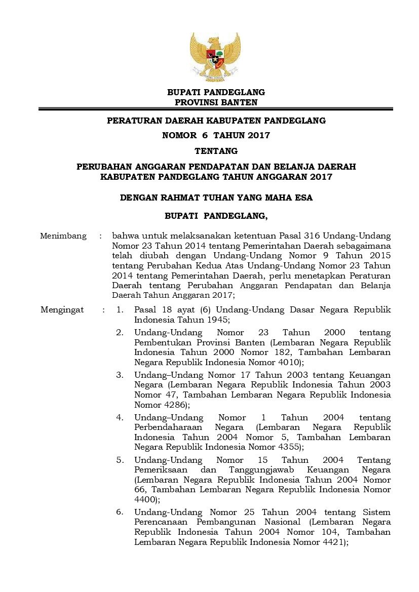 Peraturan Daerah Kab. Pandeglang No 6 tahun 2017 tentang Perubahan Anggaran Pendapatan dan Belanja Daerah Kabupaten Pandeglang Tahun Anggaran 2017