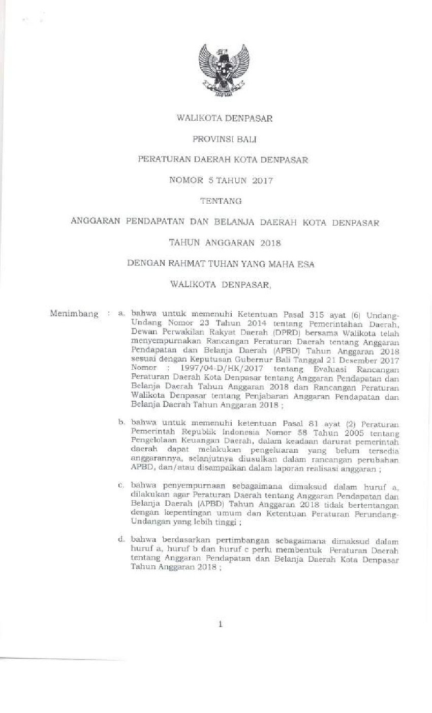 Peraturan Daerah Kota Denpasar No 5 tahun 2017 tentang Anggaran Pendapatan dan Belanja Daerah Kota Denpasar Tahun Anggaran 2018