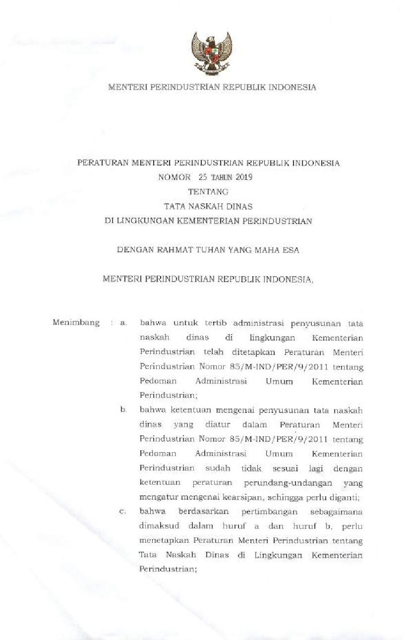 Peraturan Menteri Perindustrian No 25 tahun 2019 tentang Tata Naskah Dinas di Lingkungan Kementerian Perindustrian