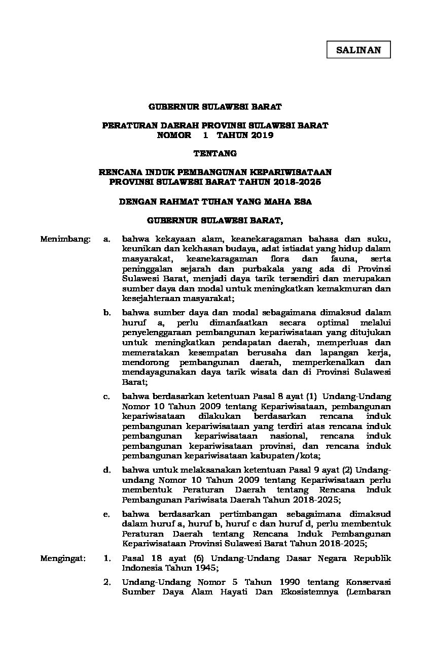 Peraturan Daerah Provinsi Sulawesi Barat No 1 tahun 2019 tentang Rencana Induk Pembangunan Kepariwisataan Provinsi Sulawesi Barat Tahun 2018-2025