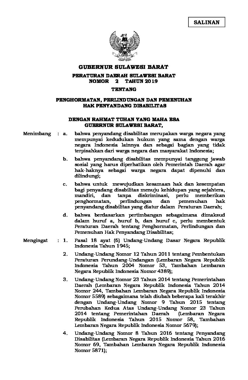 Peraturan Daerah Provinsi Sulawesi Barat No 2 tahun 2019 tentang Penghormatan, Perlindungan dan Pemenuhan Hak Penyandang Disabilitas