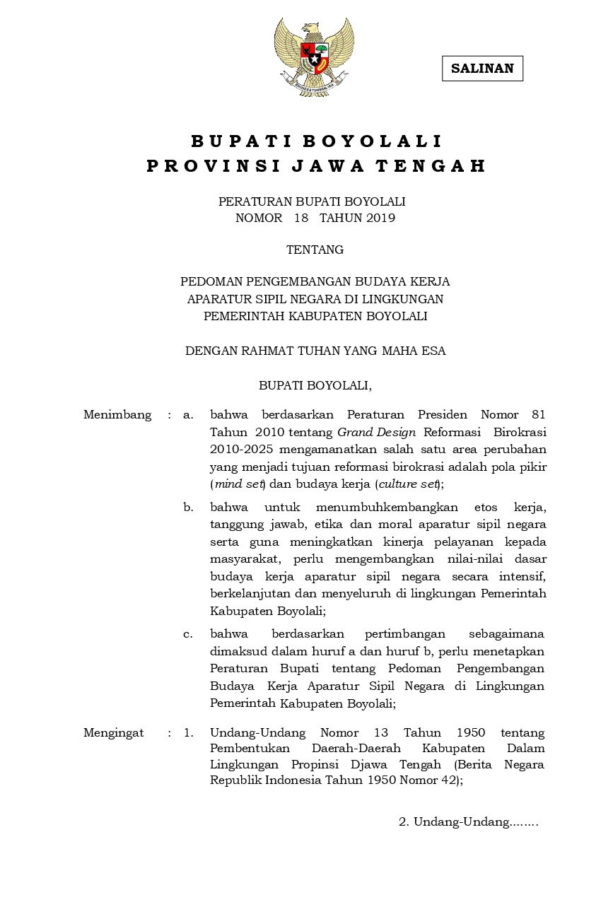 Peraturan Bupati Boyolali No 18 tahun 2019 tentang Pedoman Pengembangan Budaya Kerja Aparatur Sipil Negara di Lingkungan Pemerintah Kabupaten Boyolali