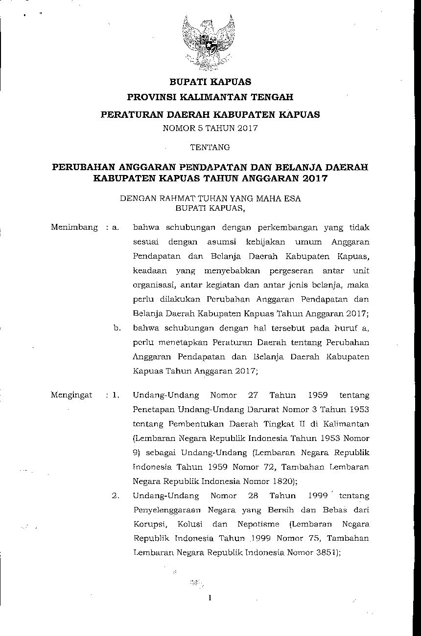 Peraturan Daerah Kab. Kapuas No 5 tahun 2017 tentang Perubahan Anggaran Pendapatan dan Belanja Daerah Kabupaten Kapuas Tahun Anggaran 2017