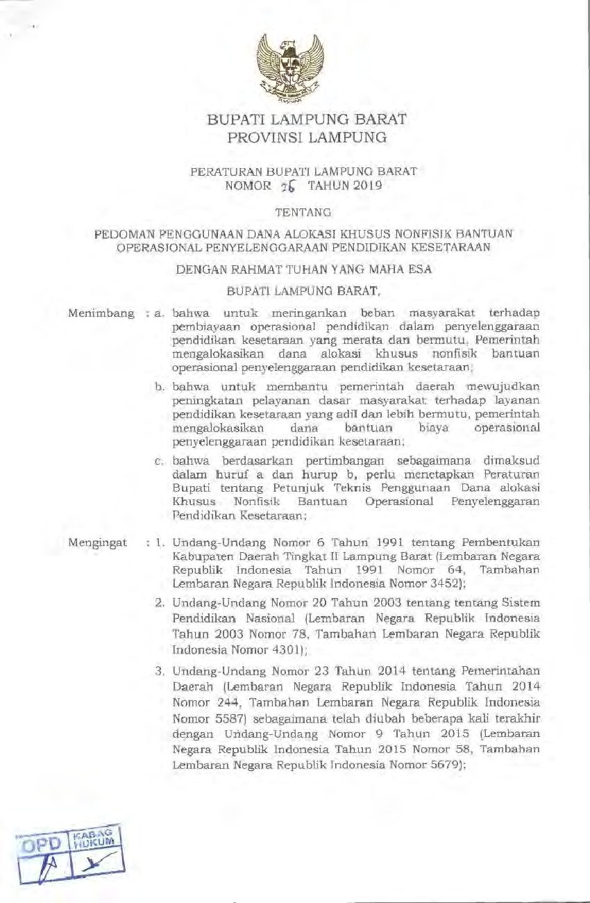 Peraturan Bupati Lampung Barat No 26 tahun 2019 tentang Pedoman Penggunaan Dana Alokasi Khusu Non Fisik Bantuan Operasional Penyelenggaraan Pendidikan Kesetaraan