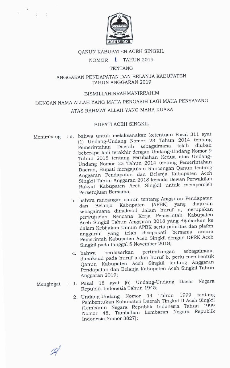 Qanun/Peraturan Daerah Kabupaten Aceh Singkil No 1 tahun 2019 tentang Anggaran Pendapatan dan Belanja Kabupaten Tahun Anggaran 2019