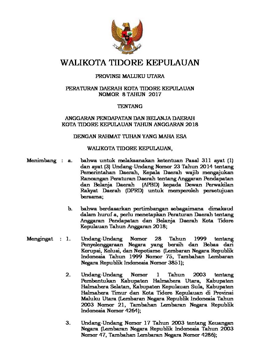 Peraturan Daerah Kota Tidore Kepulauan No 8 tahun 2017 tentang Anggaran Pendapatan dan Belanja Daerah Kota Tidore Kepulauan Tahun Anggaran 2018
