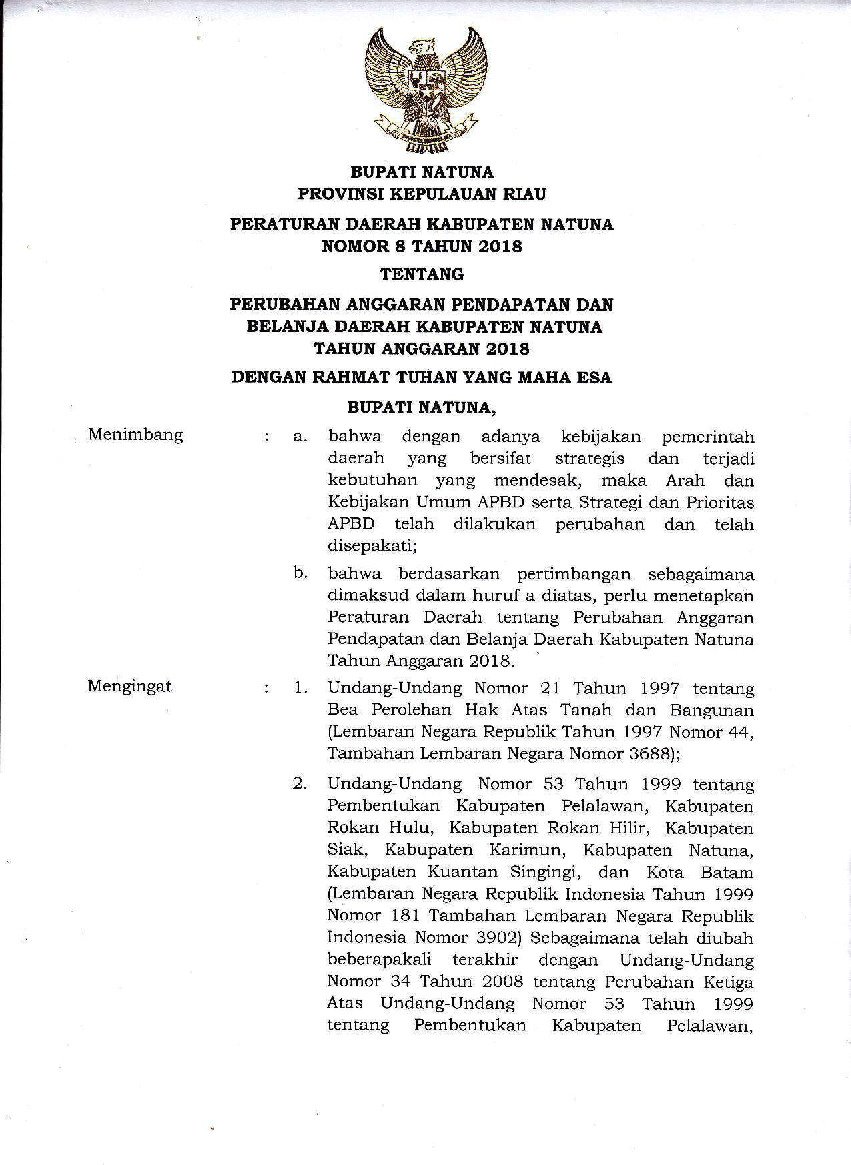 Peraturan Daerah Kab. Natuna No 8 tahun 2018 tentang Perubahan Anggaran Pendapatan dan Belanja Daerah Kabupaten Natuna Tahun Anggaran 2018