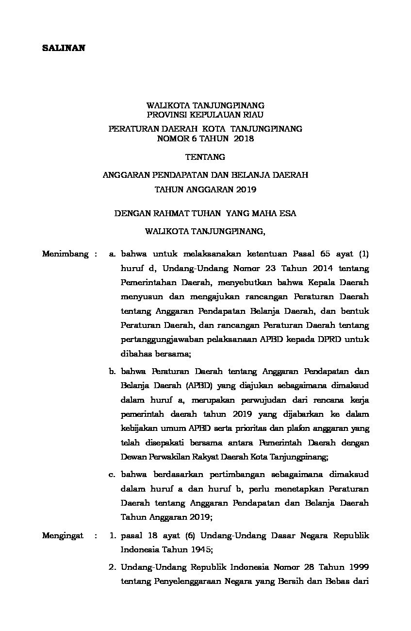 Peraturan Daerah Kota Tanjung Pinang No 6 tahun 2018 tentang Anggaran Pendapatan dan Belanja Daerah Tahun Anggaran 2019