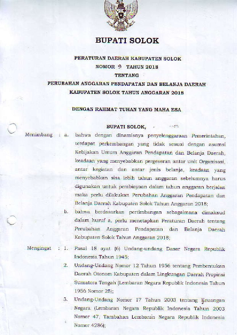 Peraturan Daerah Kab. Solok No 9 tahun 2018 tentang Perubahan Anggaran Pendapatan dan Belanja Daerah Kabupaten Solok Tahun Anggaran 2018