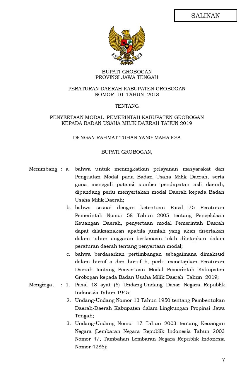 Peraturan Daerah Kab. Grobogan No 10 tahun 2018 tentang Penyertaan Modal Pemerintah Kabupaten Grobogan Kepada Badan Usaha Milik Daerah Tahun 2019