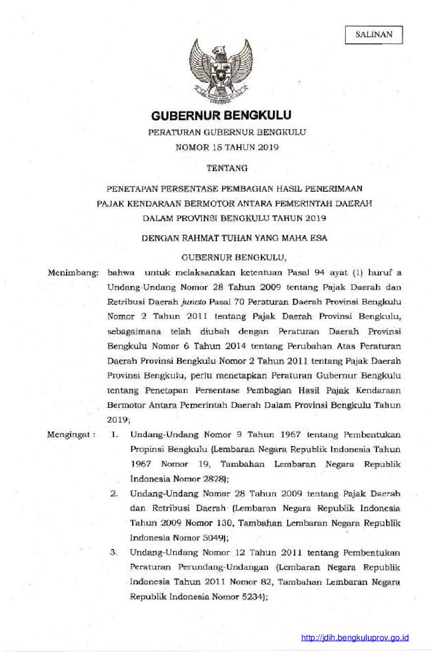 Peraturan Gubernur Bengkulu No 15 tahun 2019 tentang Penetapan Persentase Pembagian Hasil Penerimaan Pajak Kendaraan Bermotor Antara Pemerintah Daerah Dalam Provinsi Bengkulu Tahun 2019