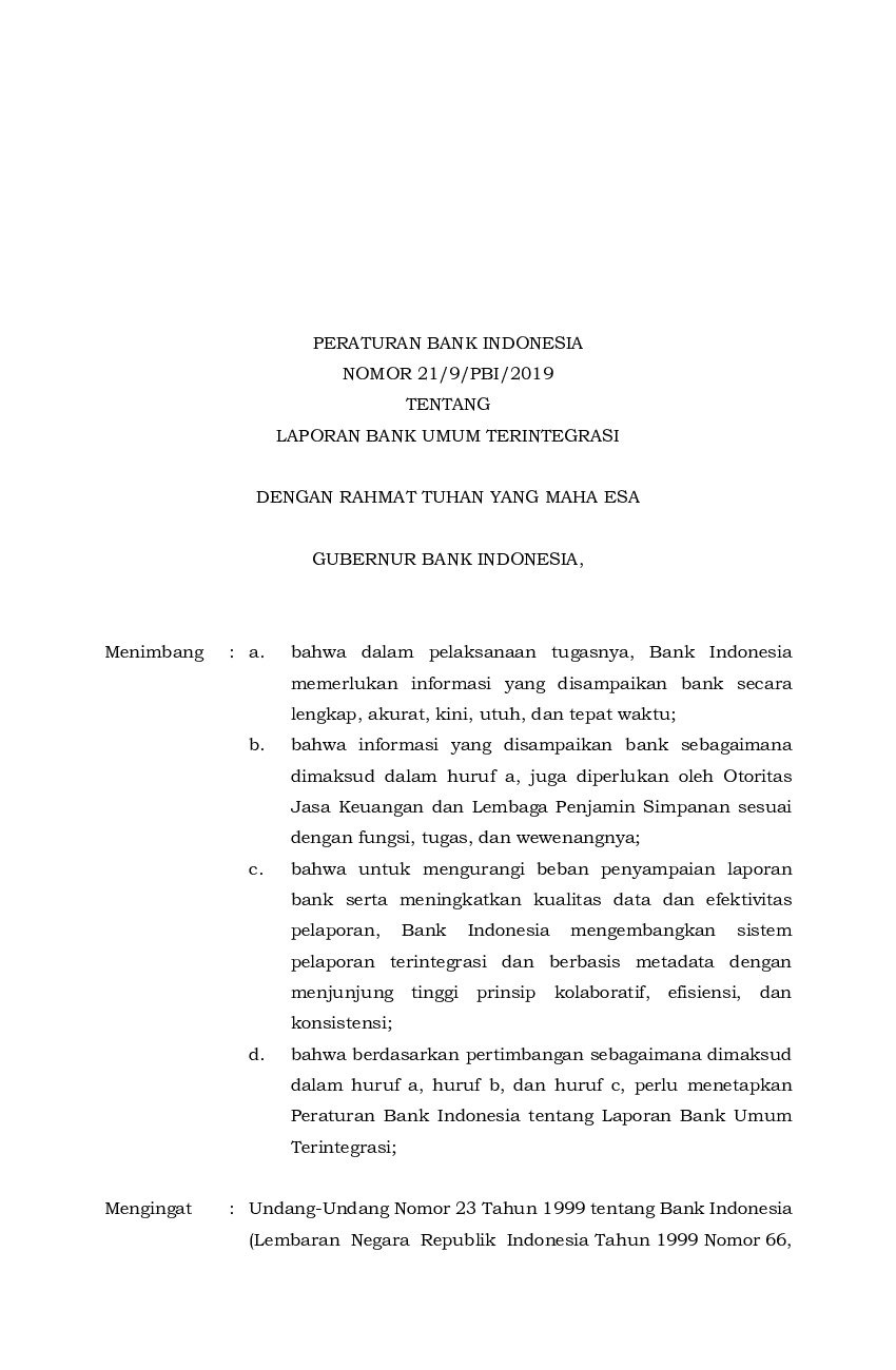 Peraturan Bank Indonesia No 21/9/PBI/2019 Tahun 2019 Tentang Laporan ...