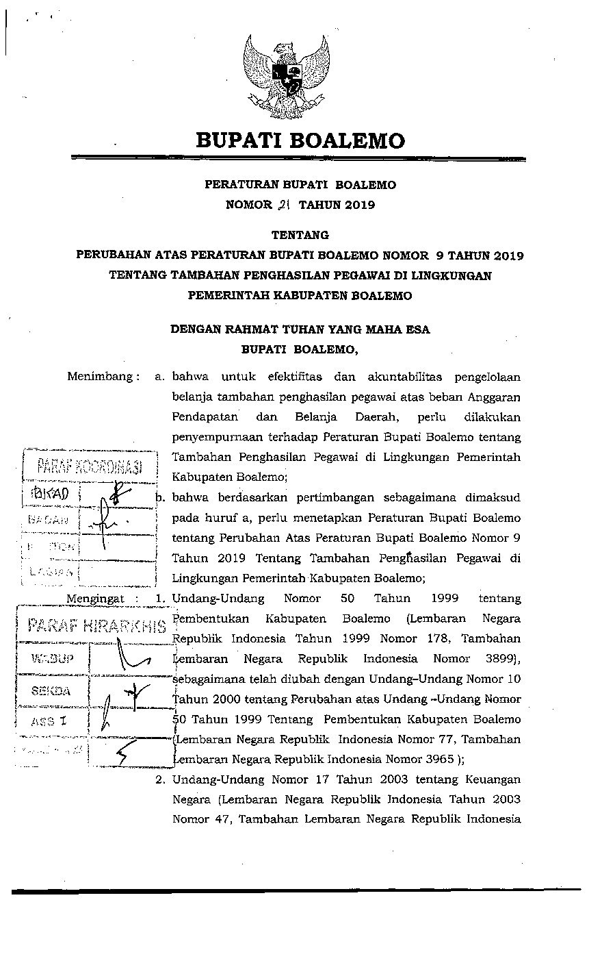 Peraturan Bupati Boalemo No 21 tahun 2019 tentang Perubahan Atas Peraturan Bupati Boalemo Nomor 9 Tahun 2019 Tentang Tambahan Penghasilan Pegawai di Lingkungan Pemerintah Kabupaten Boalemo