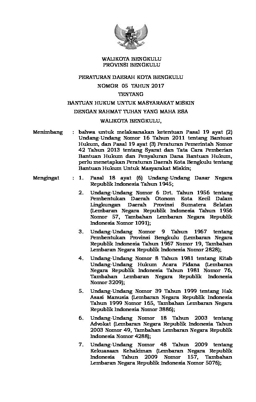 Peraturan Daerah Kota Bengkulu No 5 tahun 2017 tentang Bantuan Hukum Untuk Masyarakat Miskin